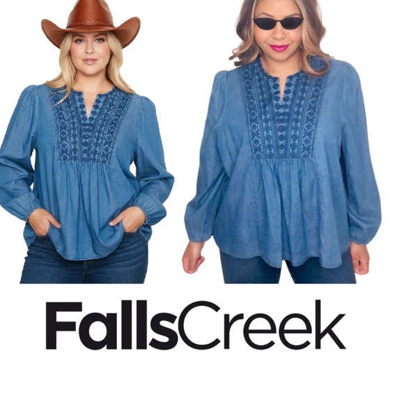 Falls Creek Tops - SALE 🔥 FALLS CREEK 3X Denim Blue Embroidered Boho Western Long Slv Plus Peasant